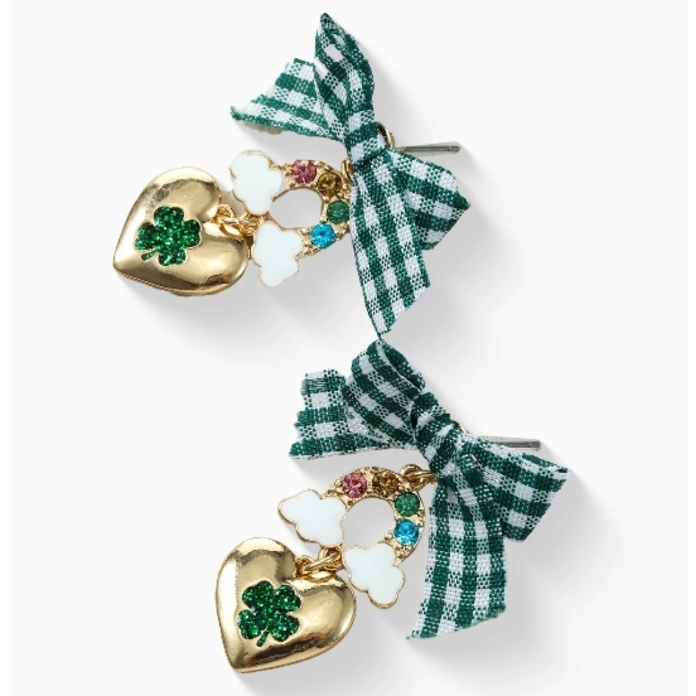 Gold Heart Earrings with Green Clover, Rainbow &Green Plaid Bows Hypoallergenic